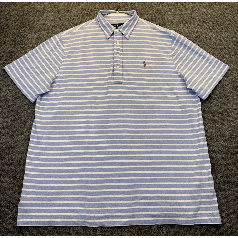 Ralph Lauren Men's XL Blue White Stripe Knit Oxford Polo Shirt Pony Cotton